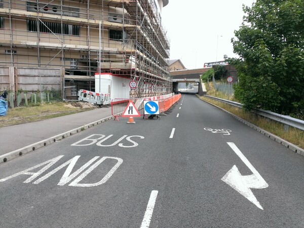 The photo for Narrowing of bus/cycle way near Hills Road bridge.